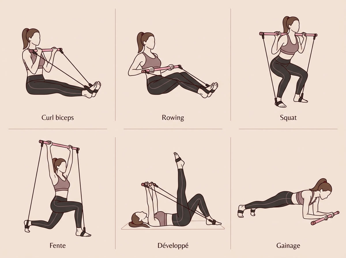 Plus de 20 exercices : curls, rowing, développés, squats et plus